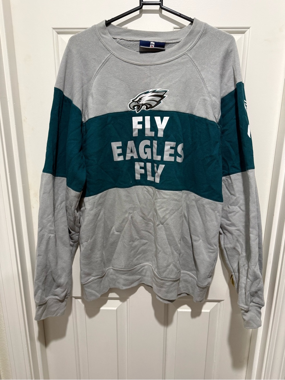 Men's Crewneck Sweatshirt - Gray with Dark Green Panel, Fly Eagles Fly